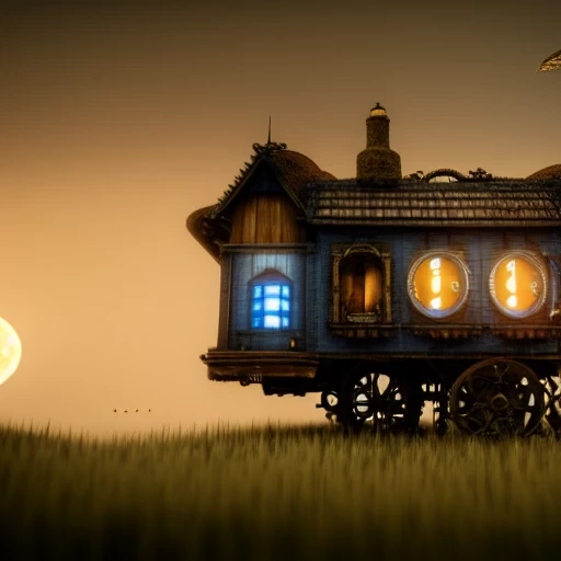 51372-1294882536-intricate, elegant, highly detailed landscape shot, twilight, little mechanical solitary  house on wooden wheels, steampunk cloc.webp